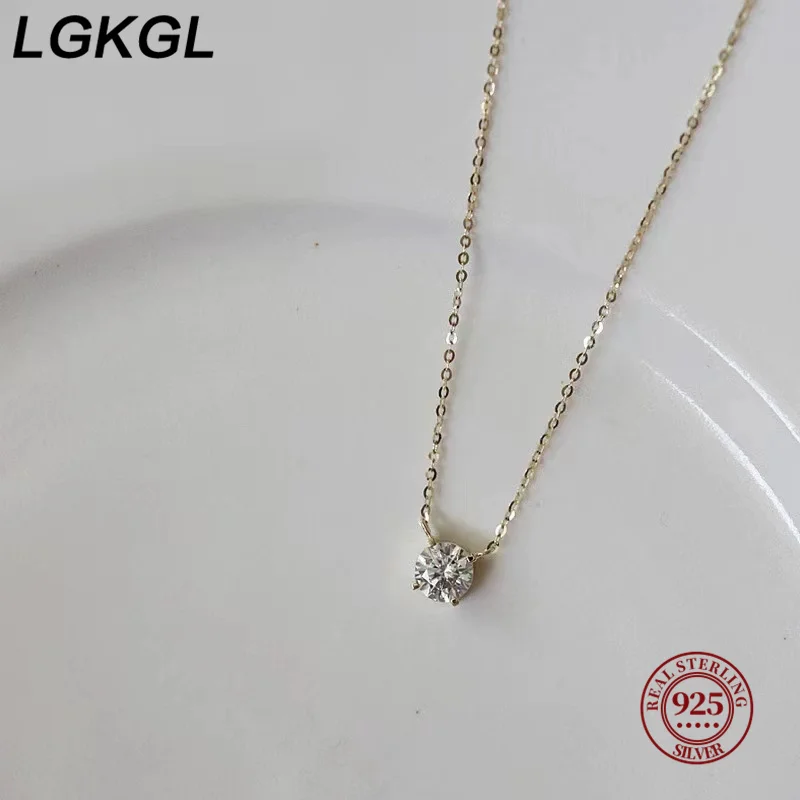 LGKGL 925 Sterling Silver 18k Gold Plated Necklaces Versatile Single Sparkling 6mm Zircon Clavicle Chain Female Wedding collars
